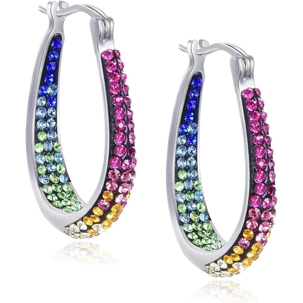 🆕 Women Pink Crystal Hoop Earrings Plated Inside Out Oval Shape Jewelry Gifts